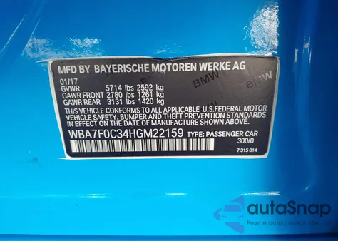 2017 BMW 750 I z USA, uszkodzony, nr VIN WBA7F0C34HGM22159